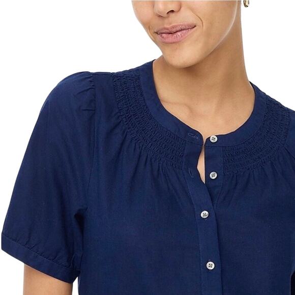 J.Crew Factory Navy Linen Blend Smock Neck Button Front Top Sz M NWT - Picture 3 of 7